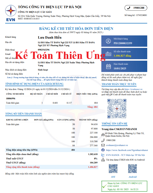 Mẫu bảng kê hóa đơn tiền điện