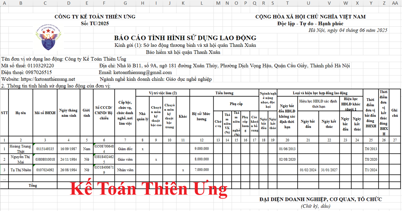 Mẫu báo cáo tình hình sử dụng lao động