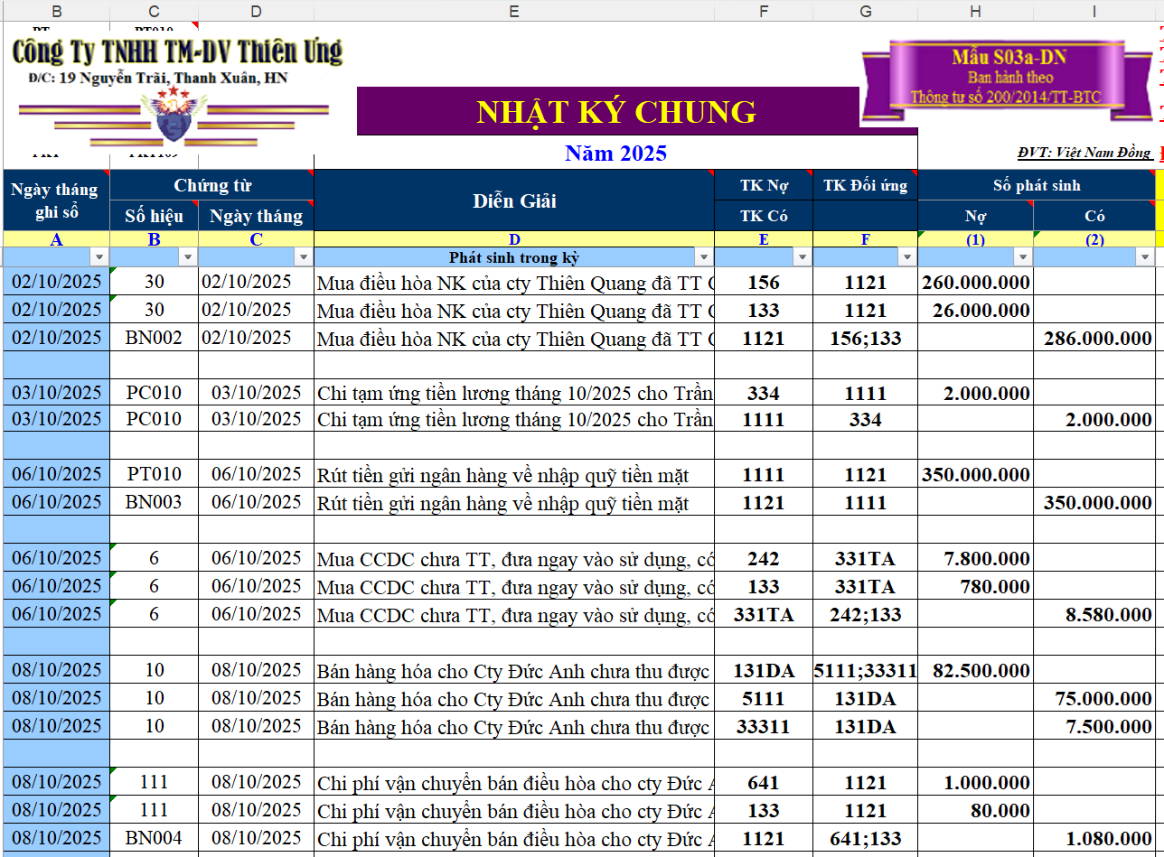 Mẫu sổ Nhật Ký Chung trên Excel Mẫu sổ Nhật Ký Chung trên Excel
