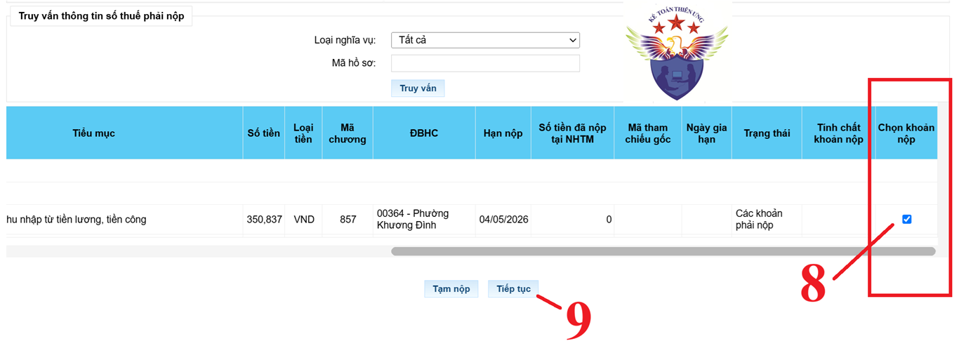Tích chọn khoản thuế TNCN muốn nộp