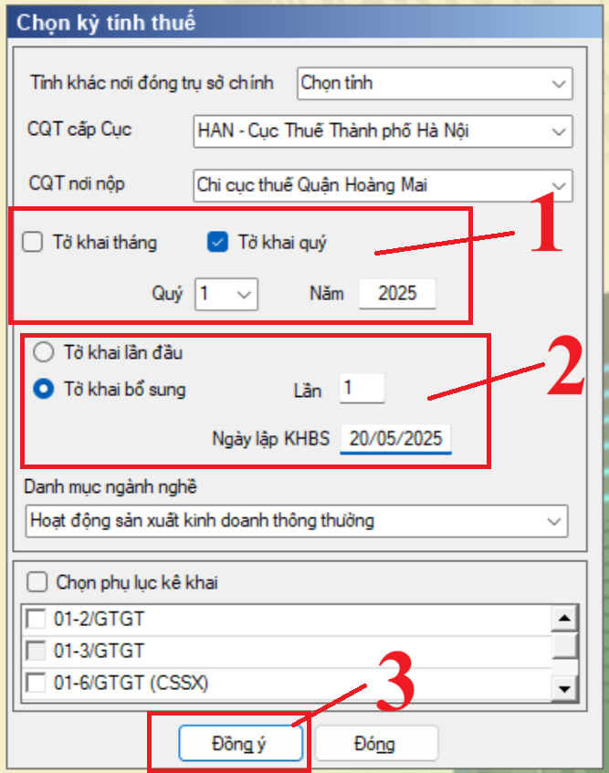 Chọn kỳ khai bổ sung điều chỉnh tờ khai thuế GTGT