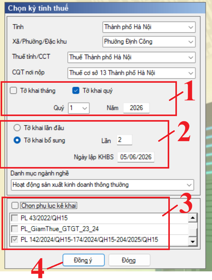 Chọn kỳ khai bổ sung điều chỉnh tờ khai thuế GTGT