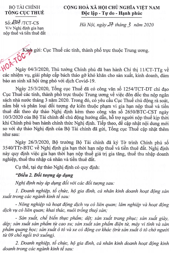 Công văn 1307 gia hạn nộp tiền thuế