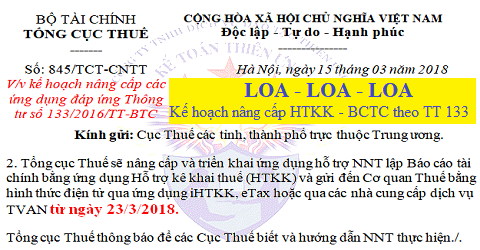 Công văn 845 của tổng cục thuế nâng cấp htkk theo tt 133 Công văn 845 của tổng cục thuế nâng cấp htkk theo tt 133