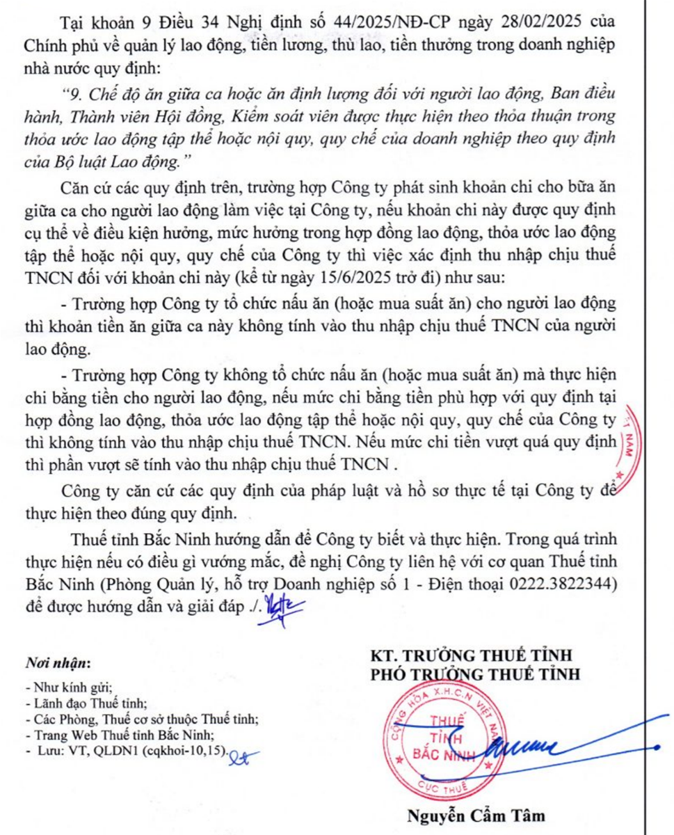 Công văn 915/BNI-QLDN1 về thu nhập chịu thuế TNCN đối với khoản chi tiền ăn 2025