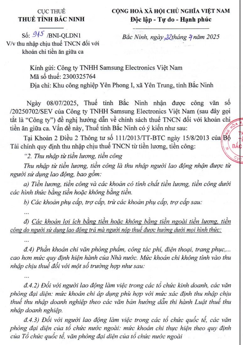 Công văn 915/BNI-QLDN1 về thu nhập chịu thuế TNCN đối với khoản chi tiền ăn 2025