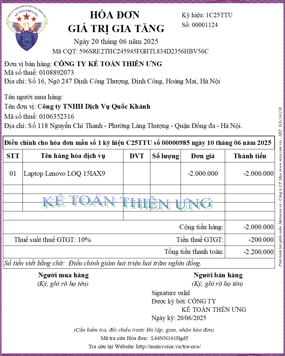 Xử lý hóa đơn viết sai đơn giá