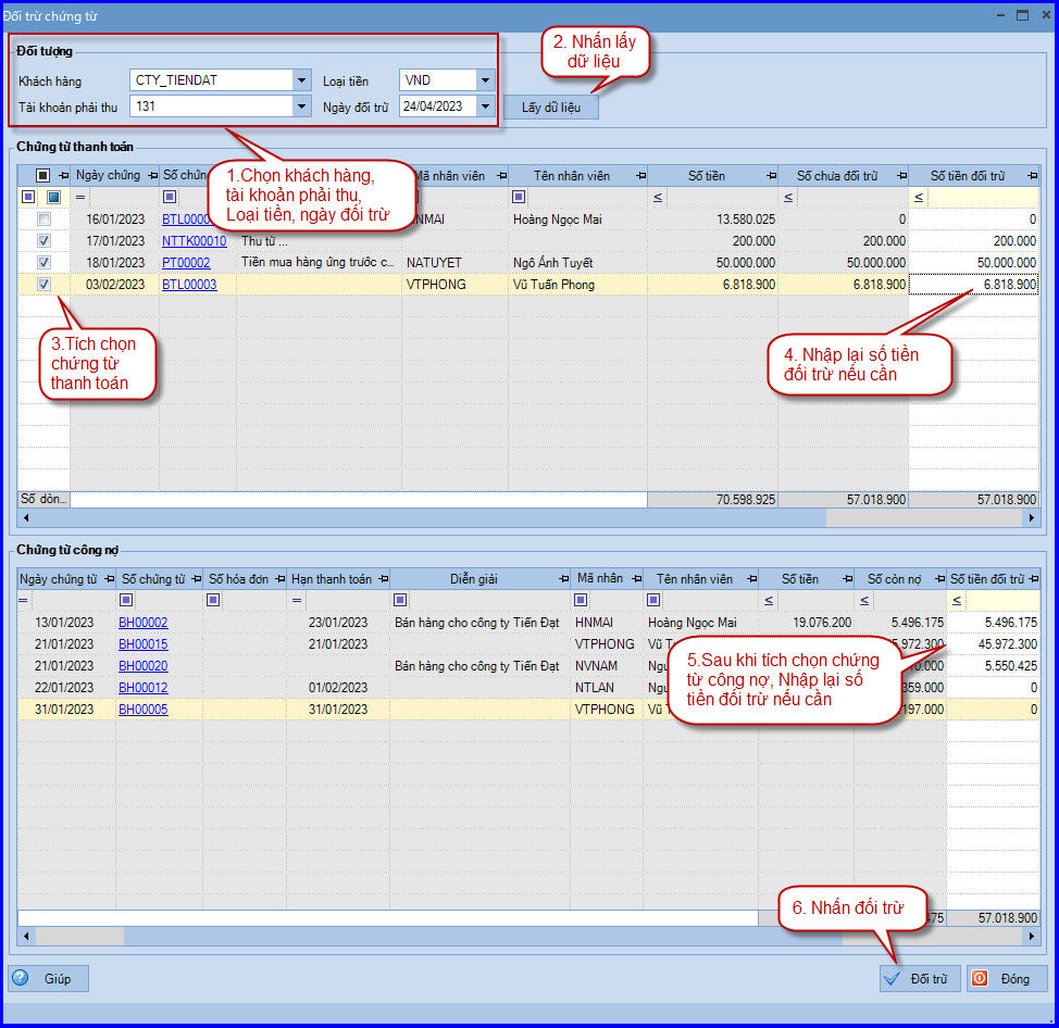 Đối chiếu chứng từ công nợ của khách hàng