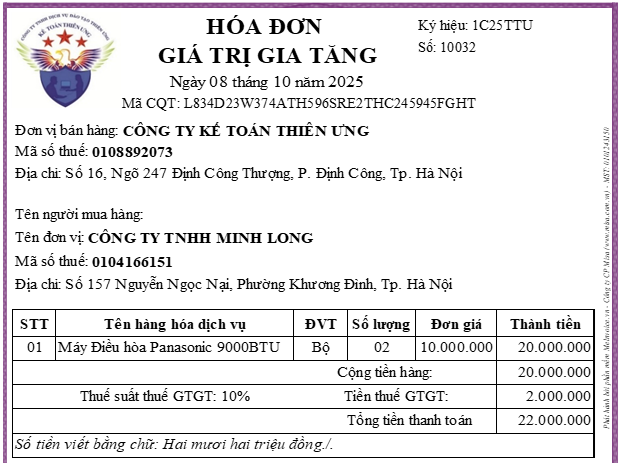 Hoá đơn đã lập khi bán hàng
