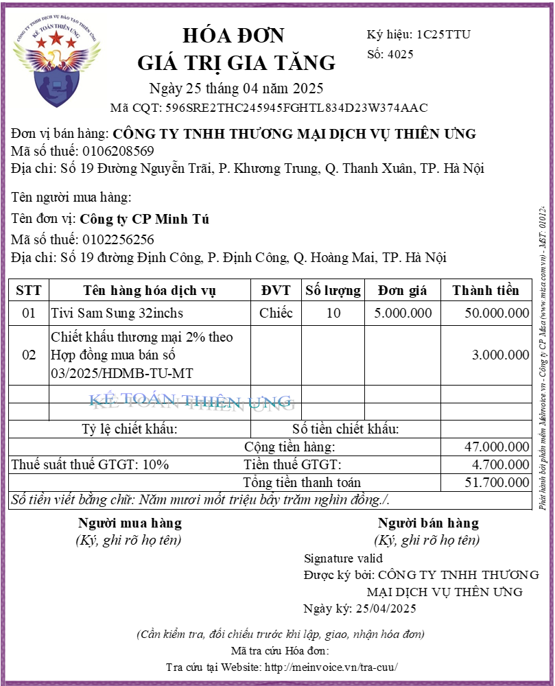 Mẫu hóa đơn chiết khấu thương mại tại lần mua cuối cùng