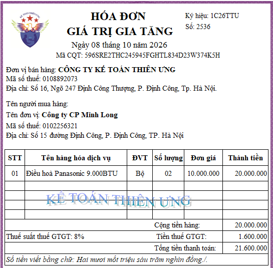 Hoá đơn đã lập khi bán hàng