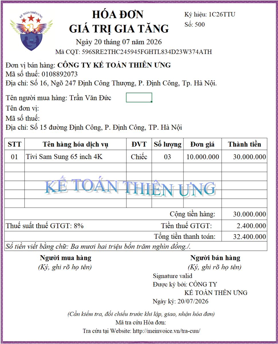Hóa đơn đã xuất khi bán hàng hóa