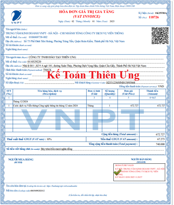 Mẫu hóa đơn không có mã của cơ quan thuế