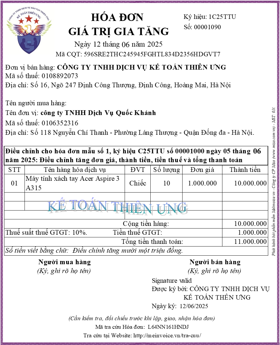 Hóa đơn điều chỉnh tăng