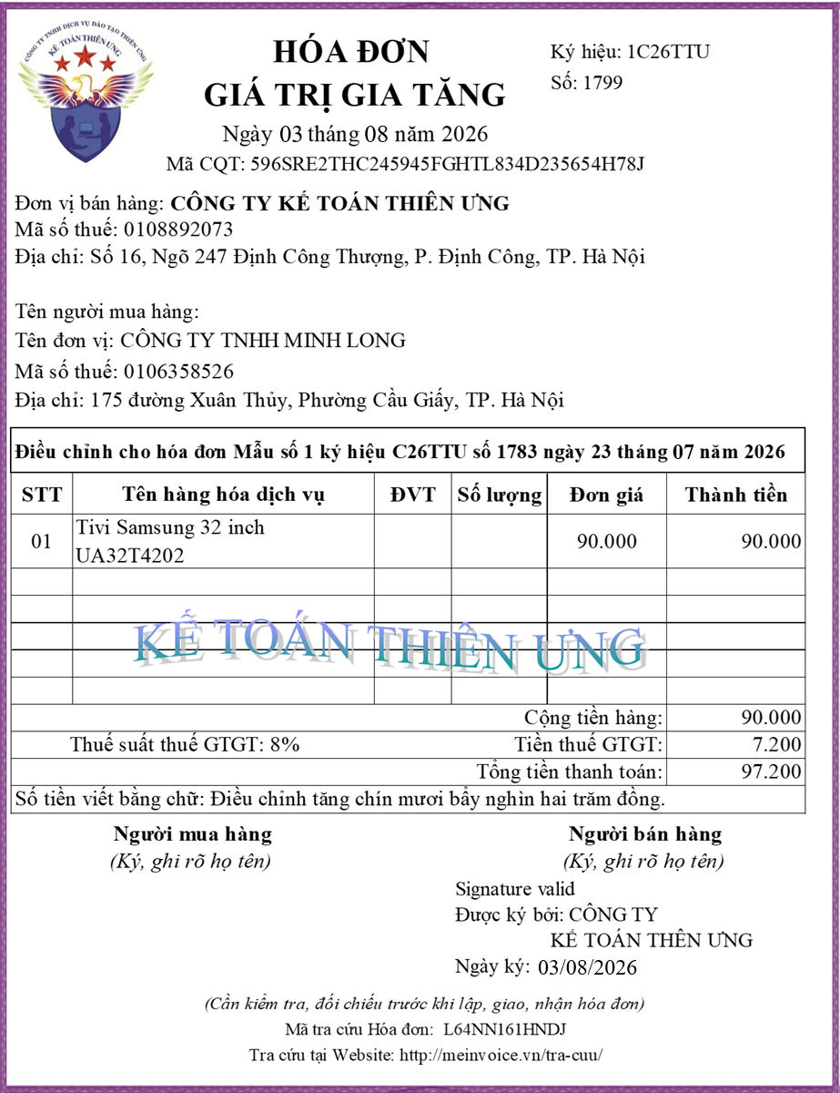 Mẫu hóa đơn điều chỉnh tăng