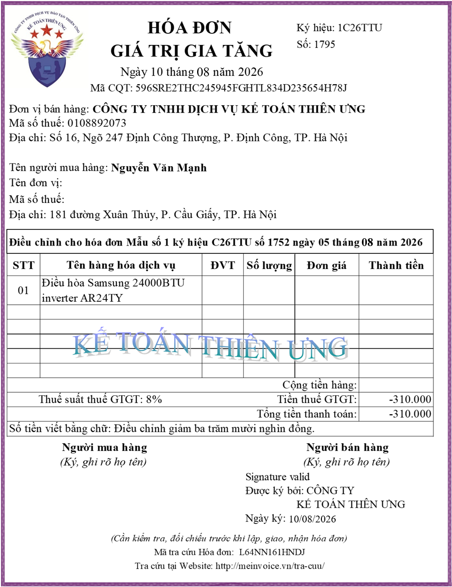 Hóa đơn điều chỉnh giảm thuế suất, tiền thuế GTGT