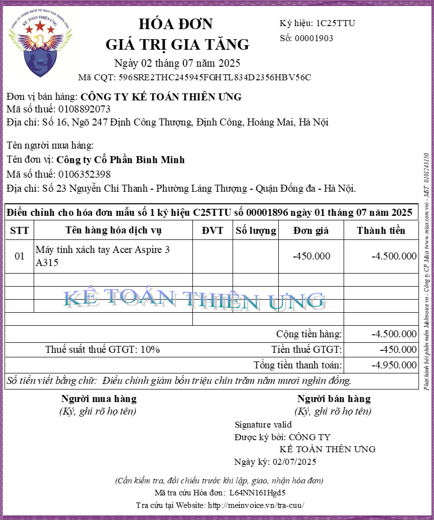 Mẫu hóa đơn điều chỉnh giảm