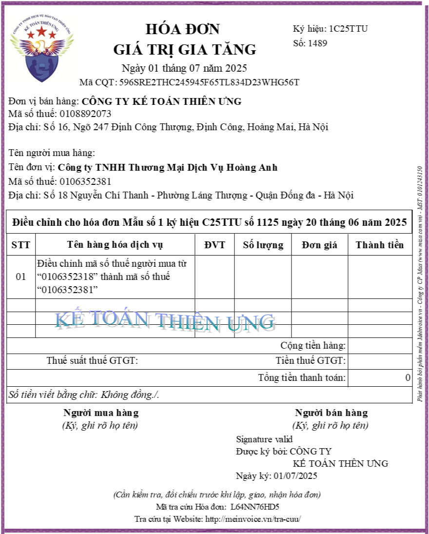 Hóa đơn điều chỉnh mã số thuế