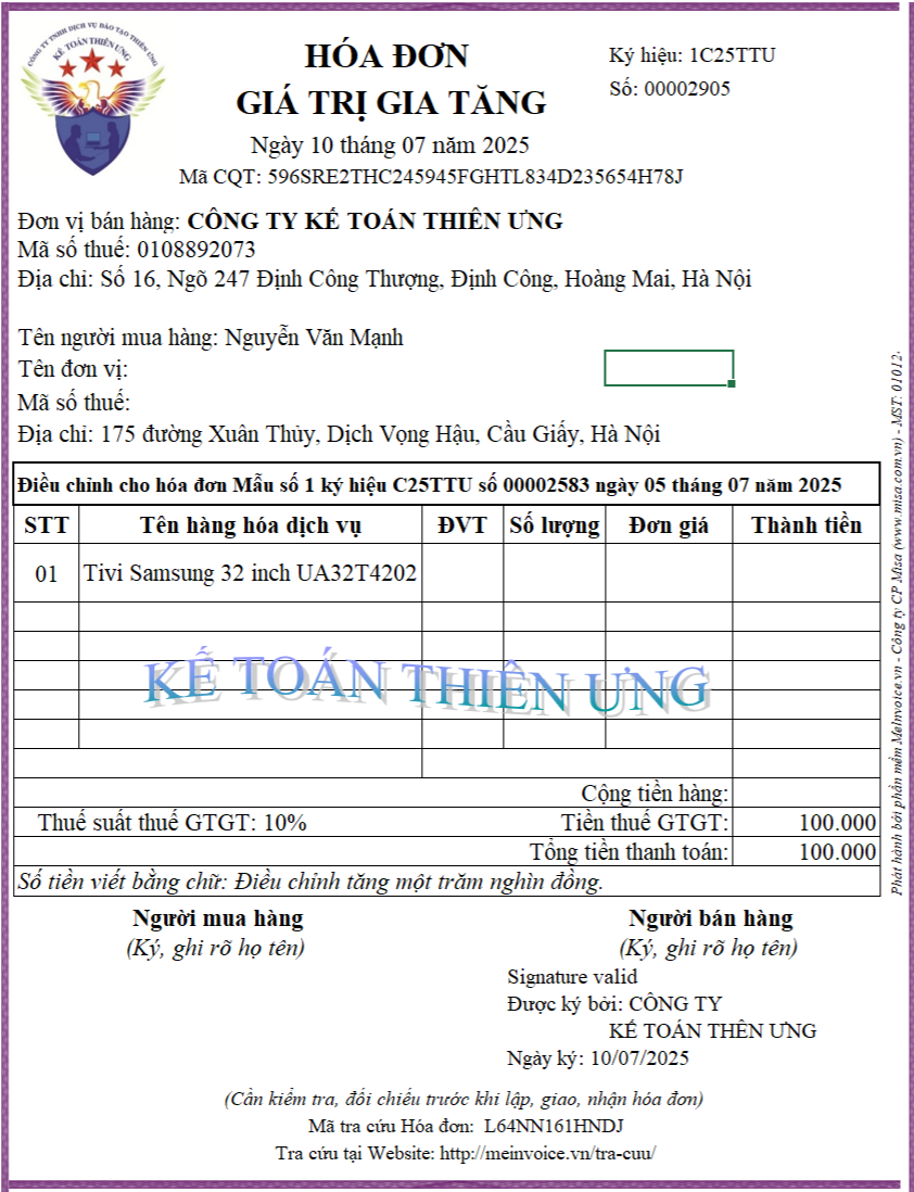 Hóa đơn điều chỉnh tăng