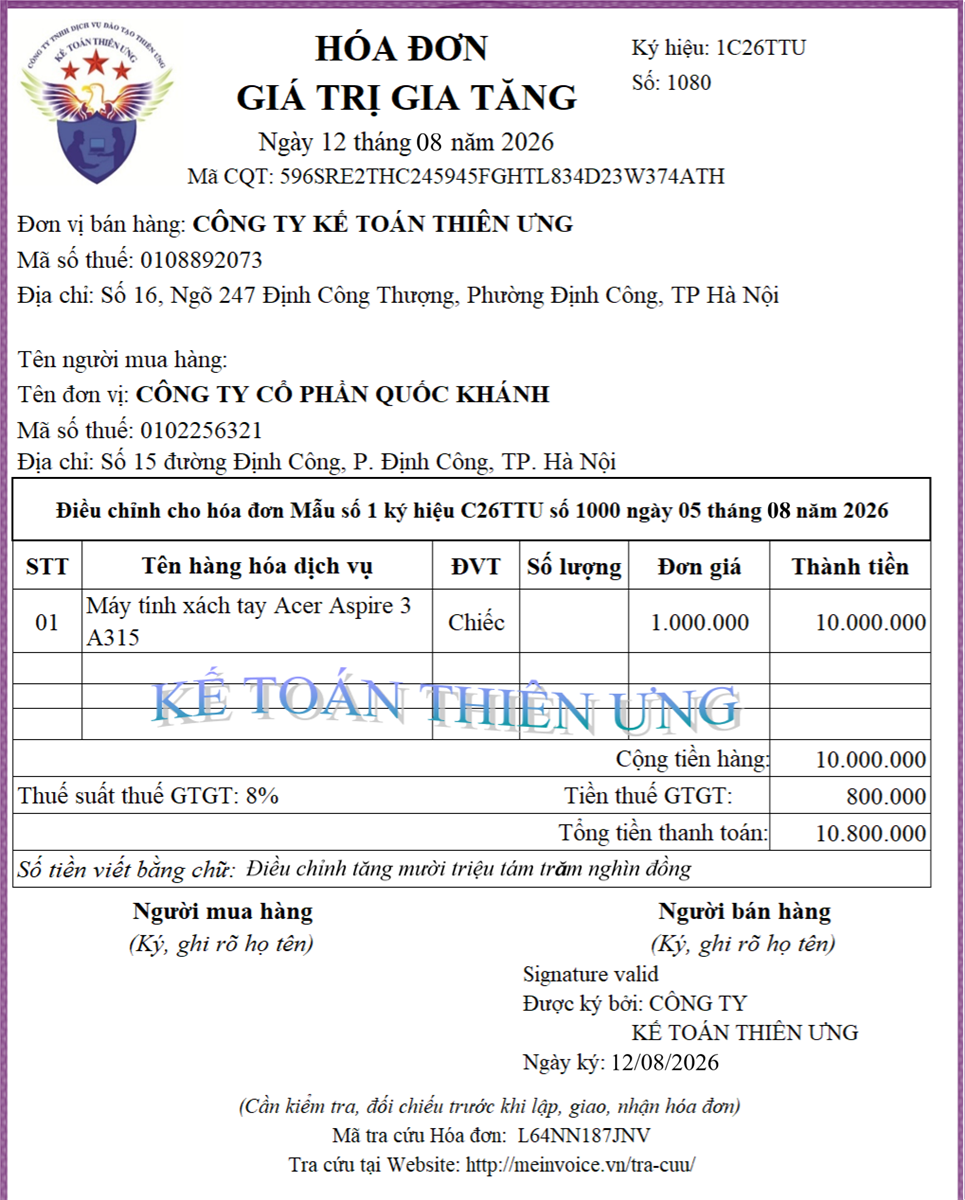 Hóa đơn điều chỉnh tăng