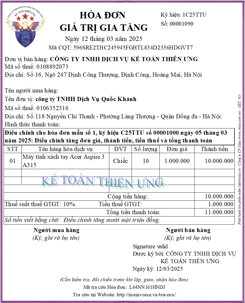 Hóa đơn điều chỉnh tăng