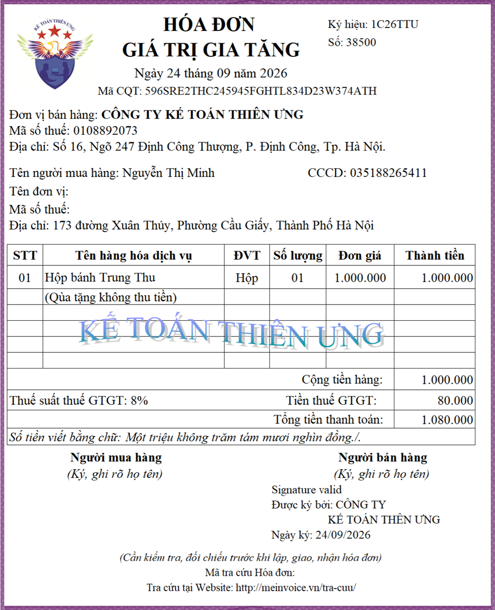 Mẫu hóa đơn xuất quà tặng cho nhân viên