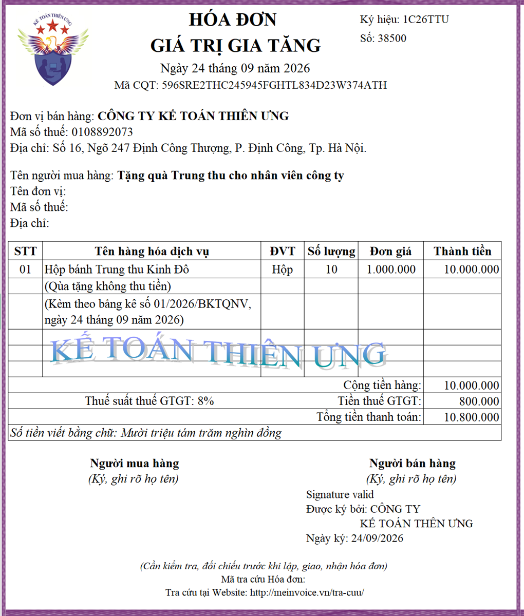 Hóa đơn tặng quà có kèm theo bảng kê