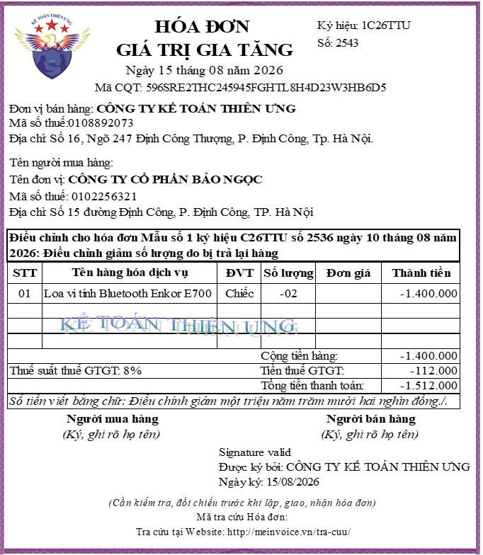 Hóa đơn hàng bán bị trả lại