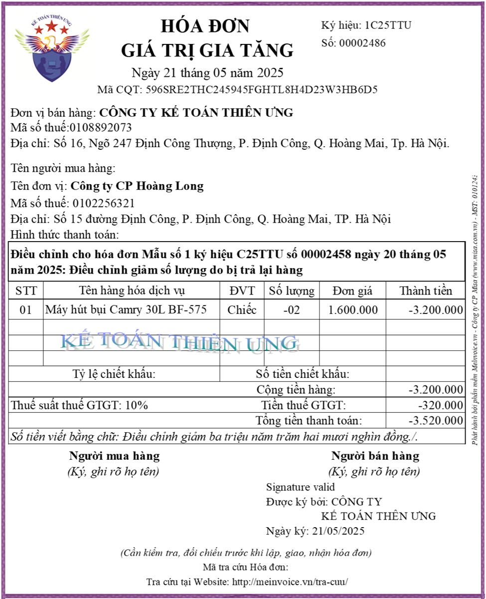 Mẫu hóa đơn trả lại hàng