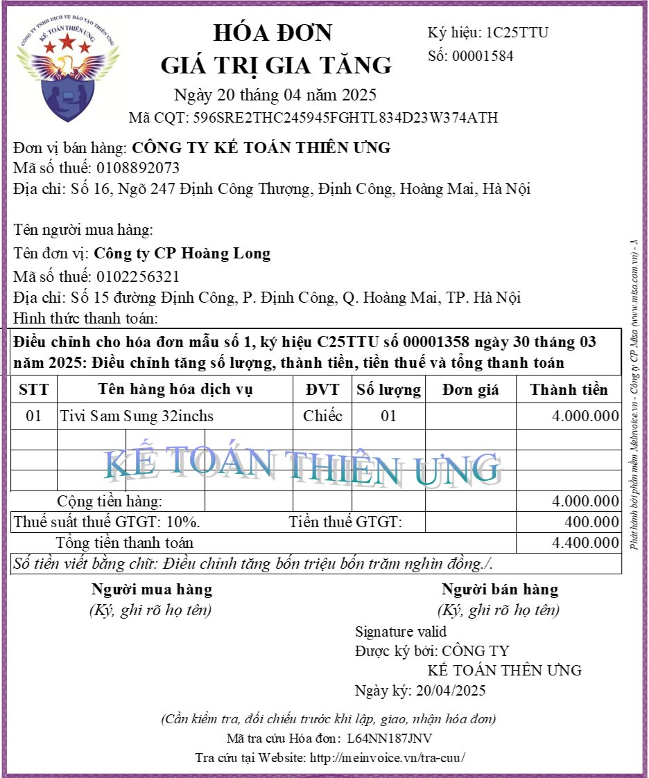Hóa đơn điều chỉnh tăng doanh thu tiền thuế GTGT