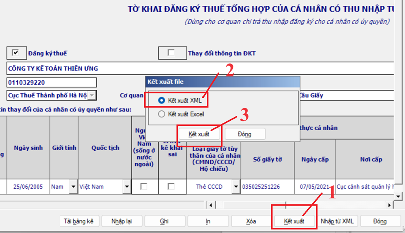 Kết xuất tờ khai dạng XML để nộp qua mạng