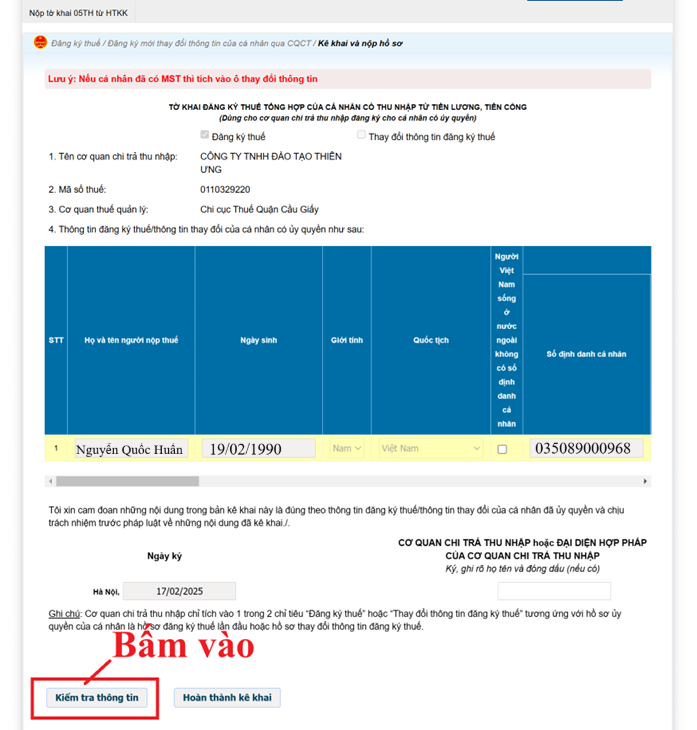 Kiểm tra thông tin đã kê khai trên tờ khai đăng ký thuế