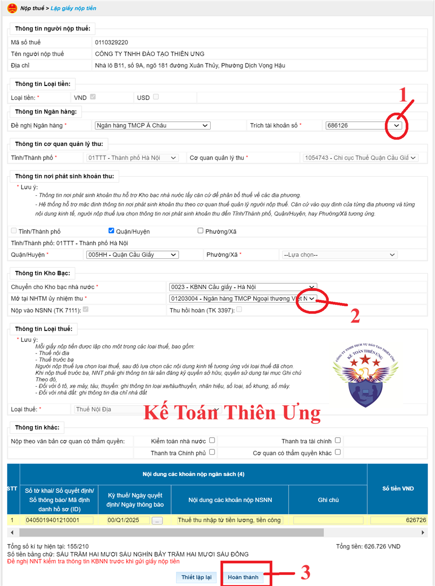 Lập giấy nộp tiền thuế TNCN điện tử