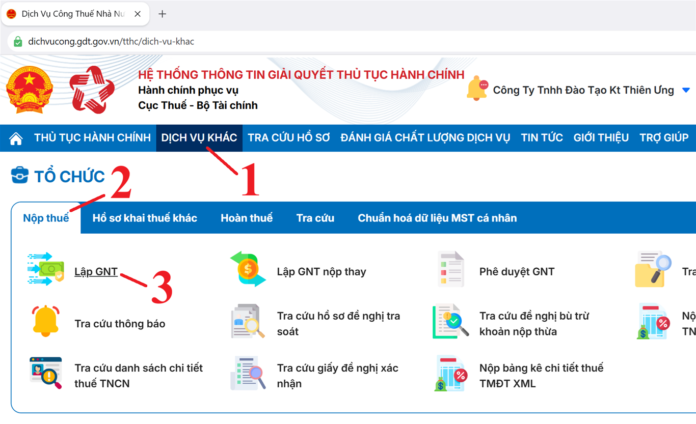 Chọn chức năng lập giấy nộp tiền Chọn chức năng lập giấy nộp tiền