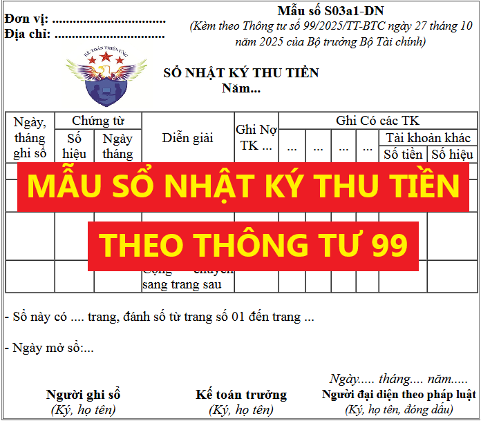 Mẫu Sổ Nhật ký thu tiền theo Thông tư 99 mới nhất 2026