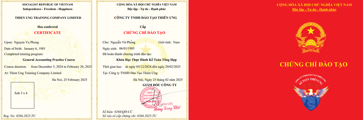 Mẫu chứng chỉ thực hành kế toán thực tế do công ty Kế Toán Thiên Ưng cấp khi bạn hoàn thành khóa học