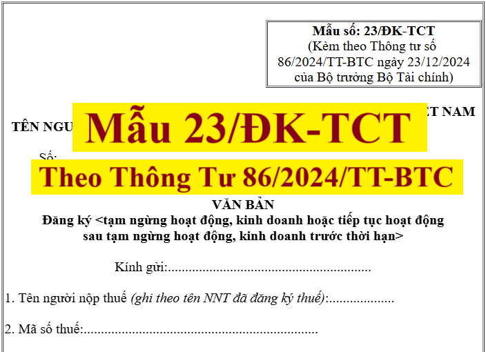 Mẫu 23/ĐK-TCT theo thông tư 86 đăng ký tạm ngừng kinh doanh Mẫu 23/ĐK-TCT theo thông tư 86 đăng ký tạm ngừng kinh doanh