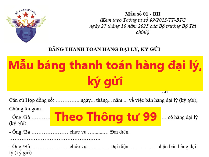 Mẫu bảng thanh toán hàng đại lý, ký gửi theo Thông tư 99