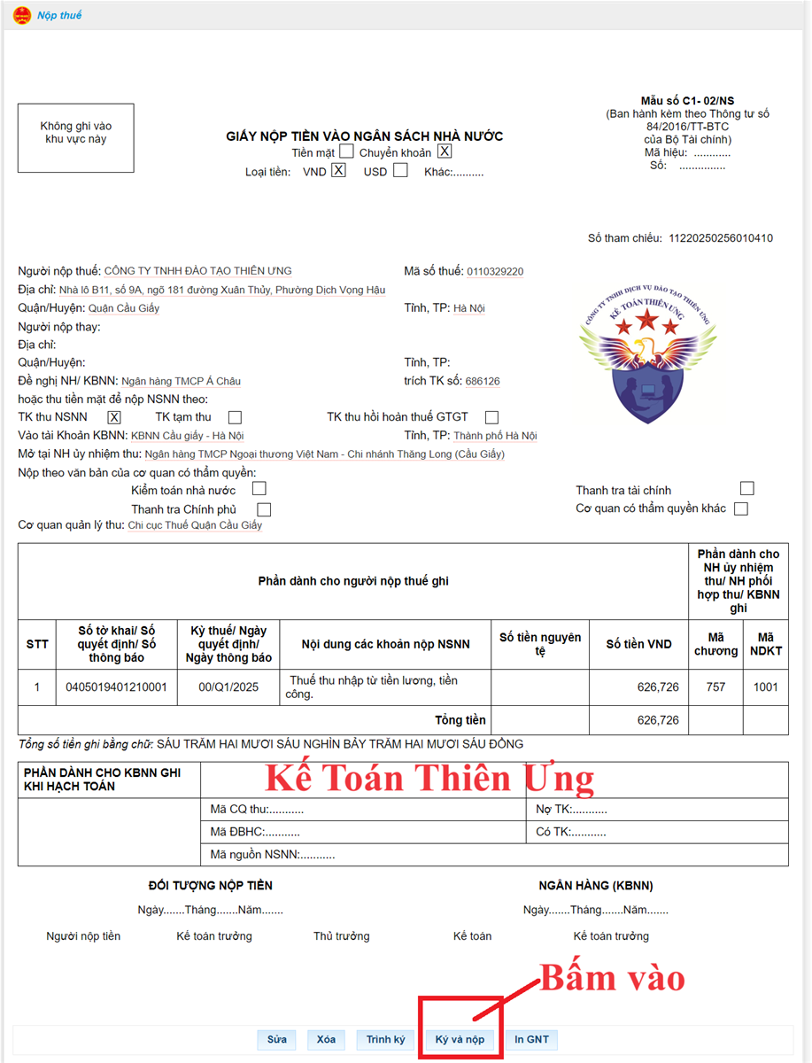Mẫu giấy nộp tiền thuế TNCN