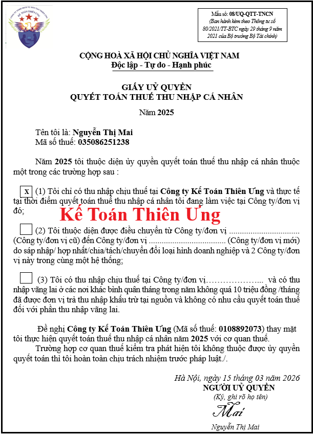 Mẫu giấy ủy quyền quyết toán thuế TNCN năm 2026 mới nhất