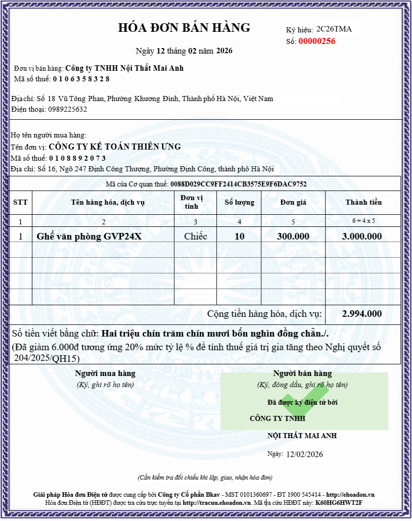 Mẫu hóa đơn bán hàng được giảm thuế GTGT năm 2026