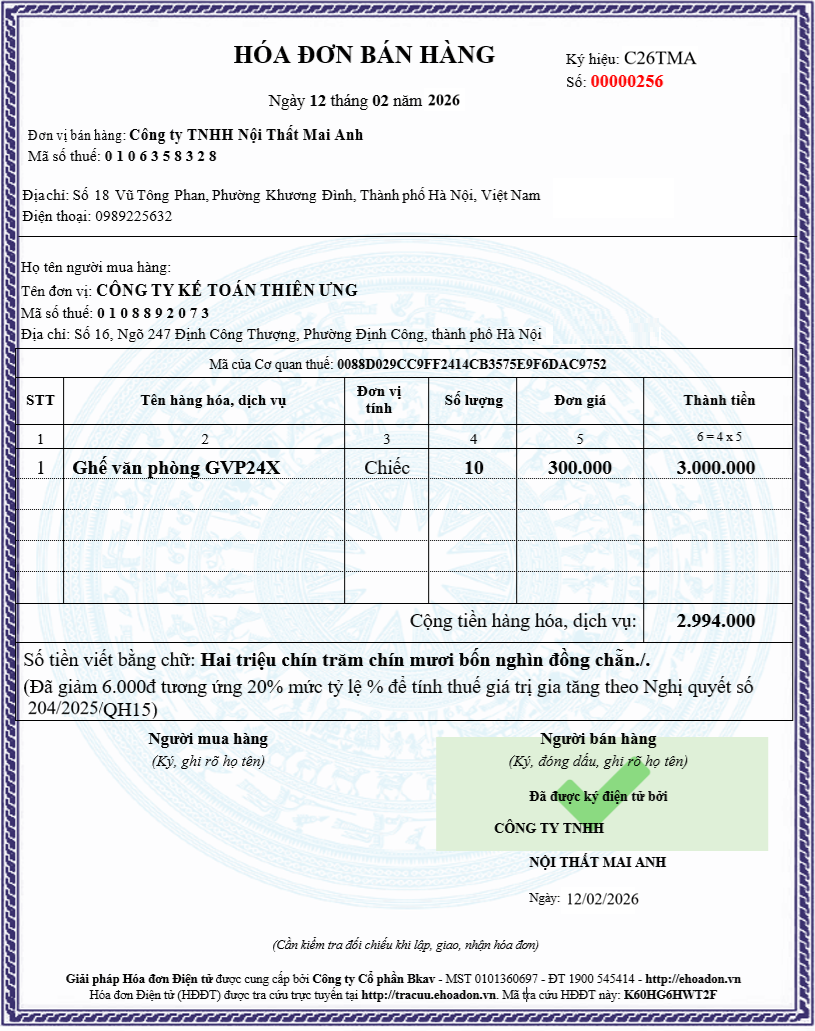 Mẫu hóa đơn bán hàng được giảm thuế GTGT năm 2026