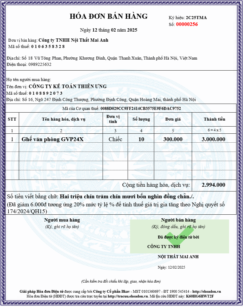 Mẫu hóa đơn bán hàng được giảm thuế GTGT theo nghị định 180/2024