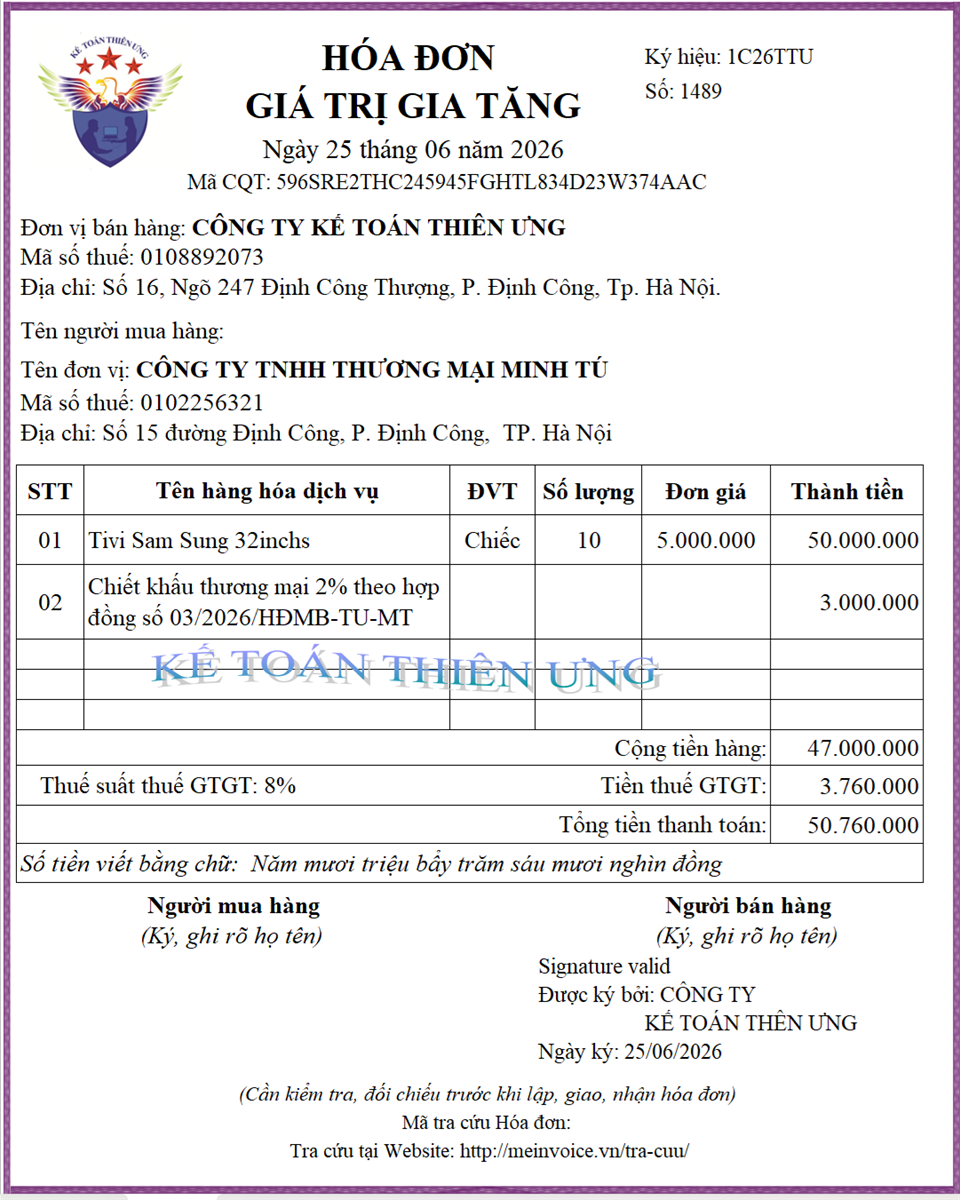 Mẫu hóa đơn chiết khấu thương mại tại lần mua cuối cùng