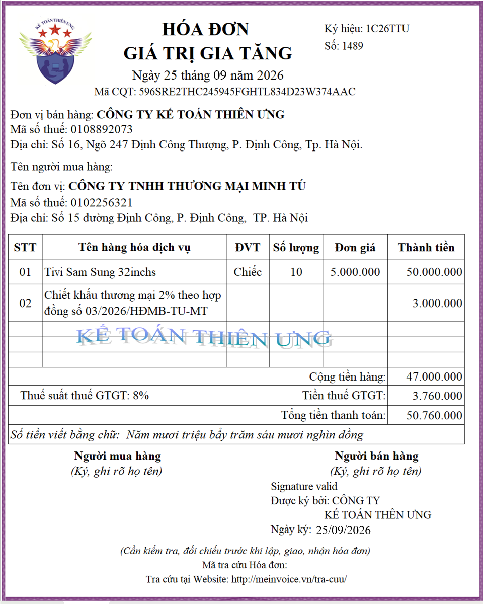 Mẫu hóa đơn chiết khấu thương mại tại lần mua cuối cùng