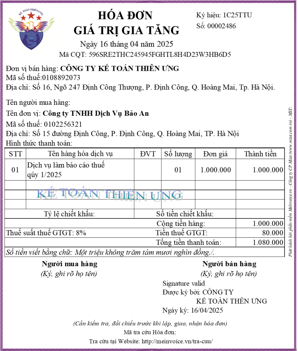 Mẫu hóa đơn giảm thuế GTGT 8% theo NĐ 180/2024 Mẫu hóa đơn giảm thuế GTGT 8% theo NĐ 180/2024