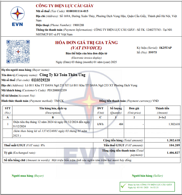 Hóa đơn tiền điện điện tử