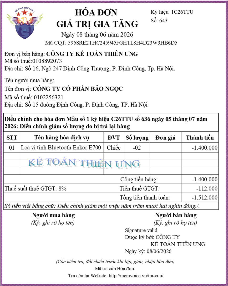 Hóa đơn hàng bán bị trả lại