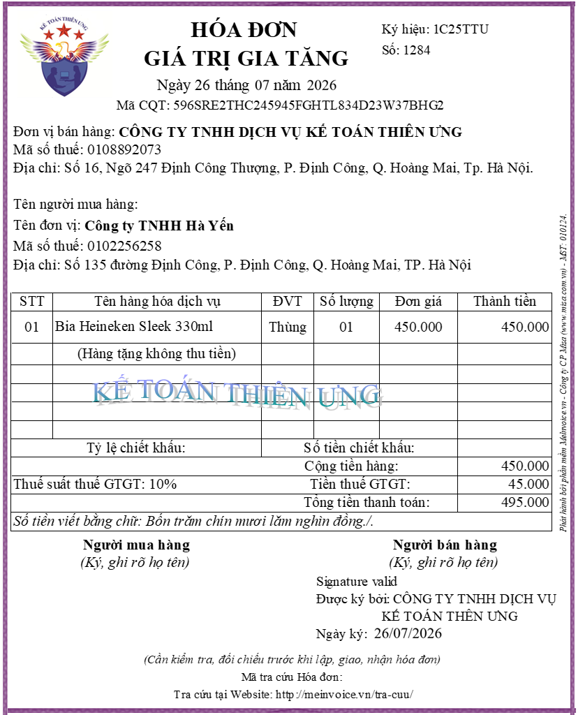 Mẫu hóa đơn xuất quà tặng cho khách hàng dịp lễ tết, khai trường, kỷ niệm
