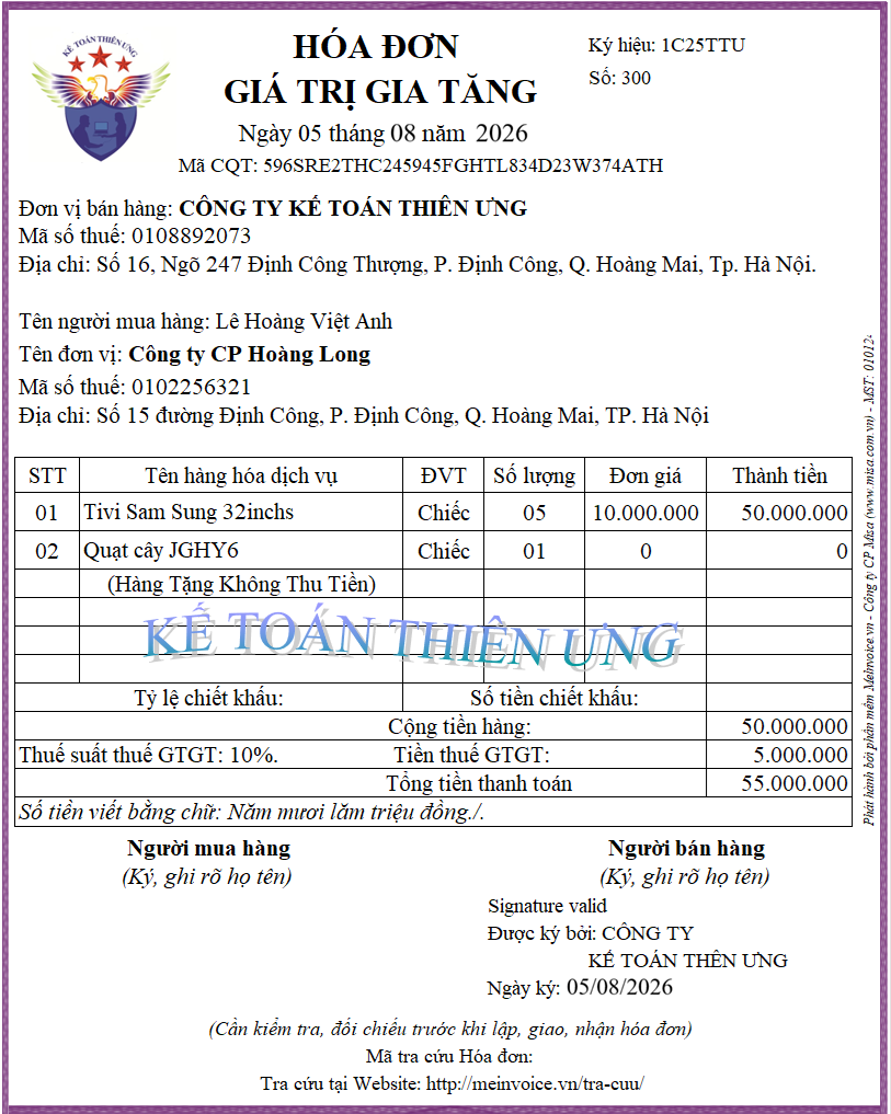 Mẫu hóa đơn xuất quà tặng cho khách hàng theo chương trình khuyến mại